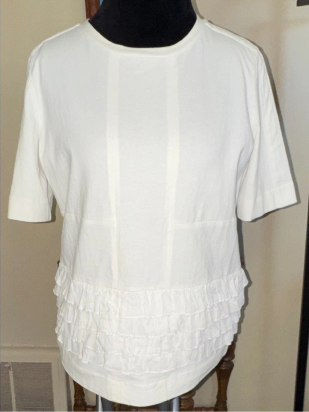 Marni Women's Cream Cotton Jersey Crew Neck Ruffle Hem Short Sleeve T-Shirt